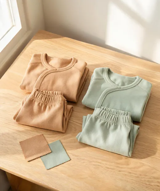 Organic cotton baby pajama samples on a table