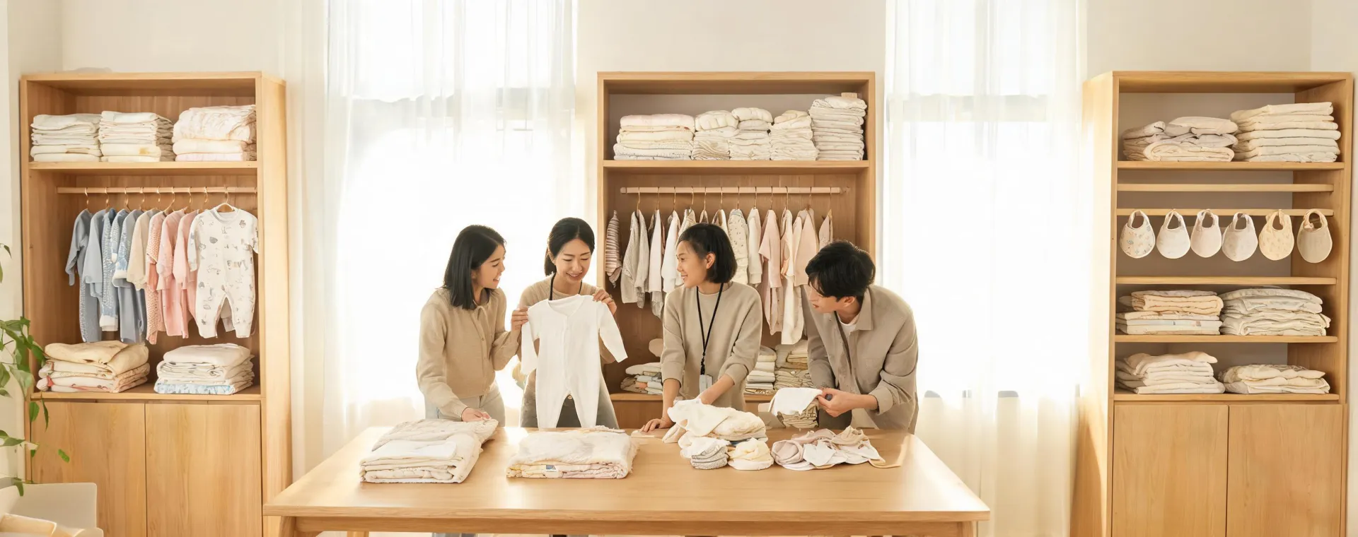 Burts Bees Baby team reviewing nursery textile samples