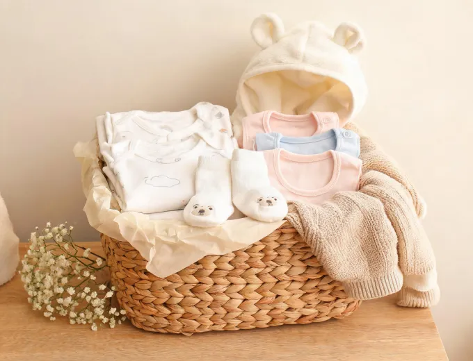Baby gift basket with clothes towels and blanket
