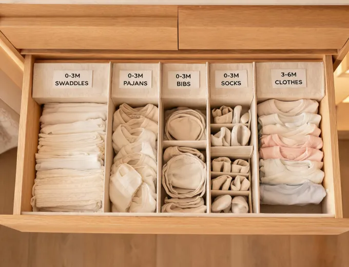 Organized nursery drawer with labeled baby clothing