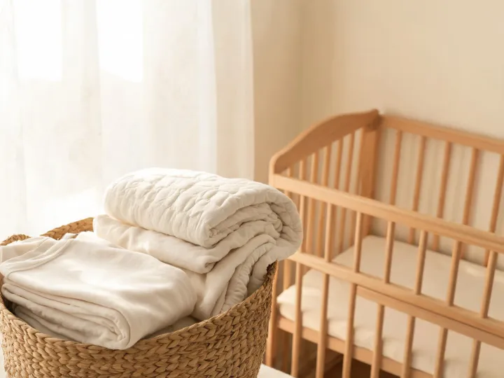 Baby blanket and crib sheet in a nursery basket