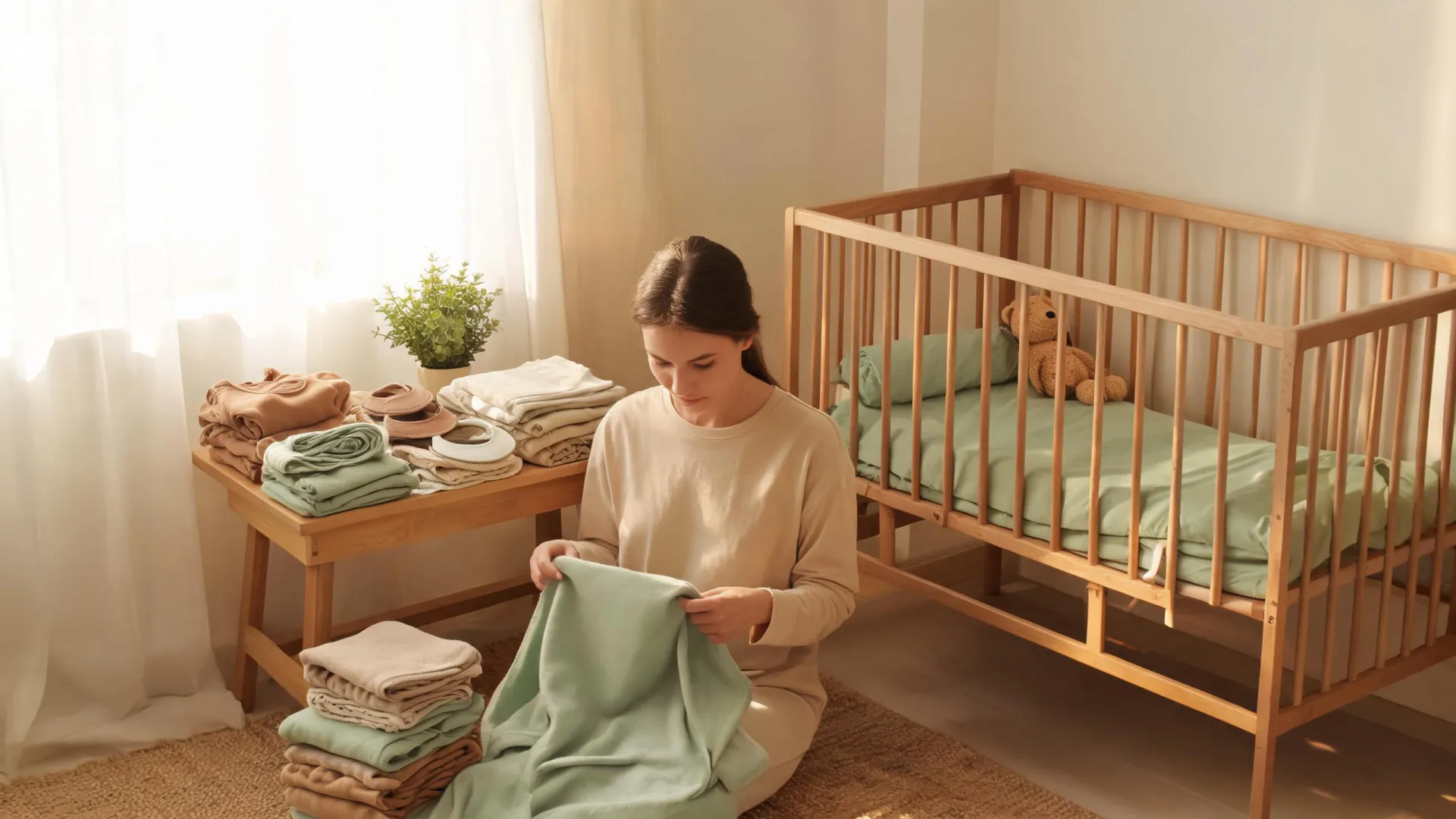Parent folding organic cotton baby sleepwear in a warm nursery