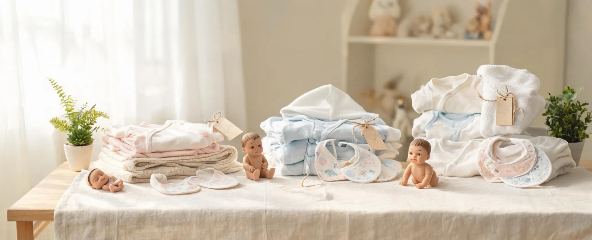 Baby shower and nursery occasion table with textile gifts
