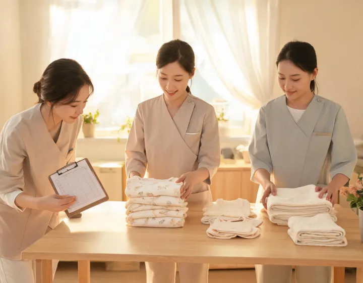 Care team arranging organic baby textiles for a retail assortment